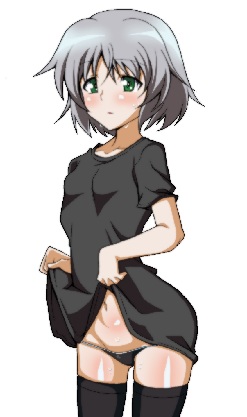 1girl black_panties blush breasts green_eyes panties sanya_v_litvyak skirt skirt_lift small_breasts solo strike_witches thighhighs underwear white_hair world_witches_series