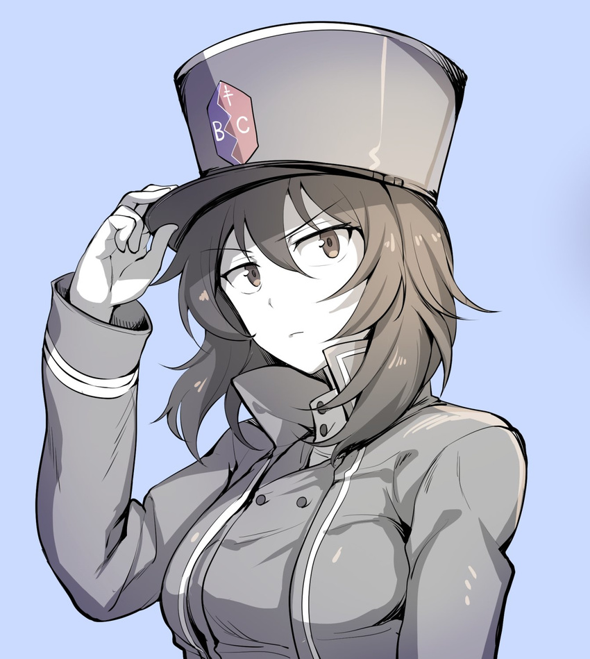 andou_(girls_und_panzer) bc_freedom_(emblem) bc_freedom_military_uniform blue_background closed_mouth emblem girls_und_panzer girls_und_panzer_saishuushou greyscale hat hat_tip highres ikomochi jacket long_hair monochrome open_clothes open_jacket shako_cap simple_background upper_body