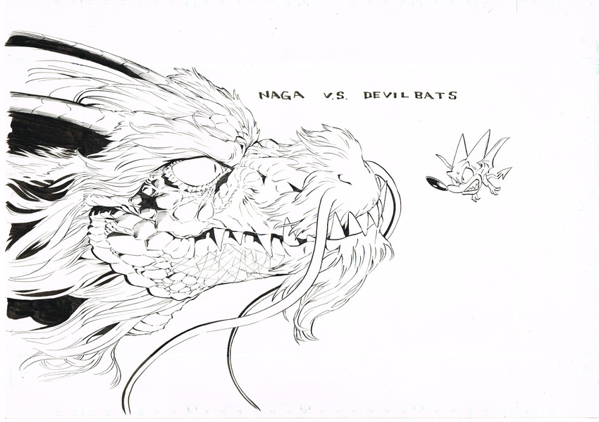 bat caption commentary_request dragon dragon_horns eastern_dragon english eyeshield_21 fangs flying fur greyscale highres horns looking_at_another monochrome murata_yuusuke no_humans scales simple_background sweatdrop white_background