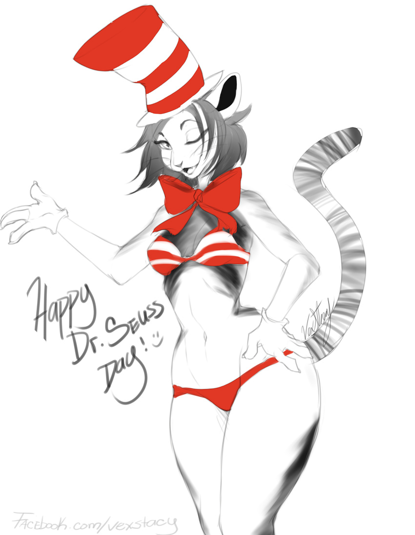 anthro bow_tie bra breasts cat clothing distracting_watermark dr_seuss english_text feline female hair hat hi_res looking_at_viewer mammal navel one_eye_closed open_mouth panties simple_background smile solo standing striped_tail stripes text the_cat_in_the_hat underwear vexstacy watermark white_background wide_hips wink