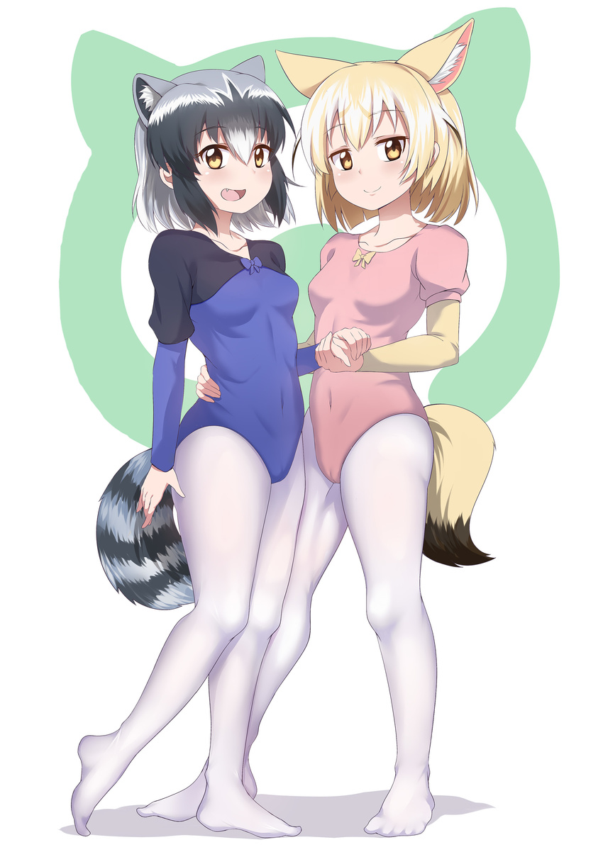 absurdres adapted_costume alternate_costume animal_ears black_hair blonde_hair blue_leotard caibao closed_mouth commentary_request common_raccoon_(kemono_friends) covered_navel fang fennec_(kemono_friends) fox_ears fox_tail full_body grey_hair gymnast_leotard highres holding_hand japari_symbol kemono_friends leotard multicolored_hair multiple_girls no_shoes open_mouth pantyhose pink_leotard raccoon_ears raccoon_tail short_hair smile standing tail two-tone_hair white_legwear yellow_eyes