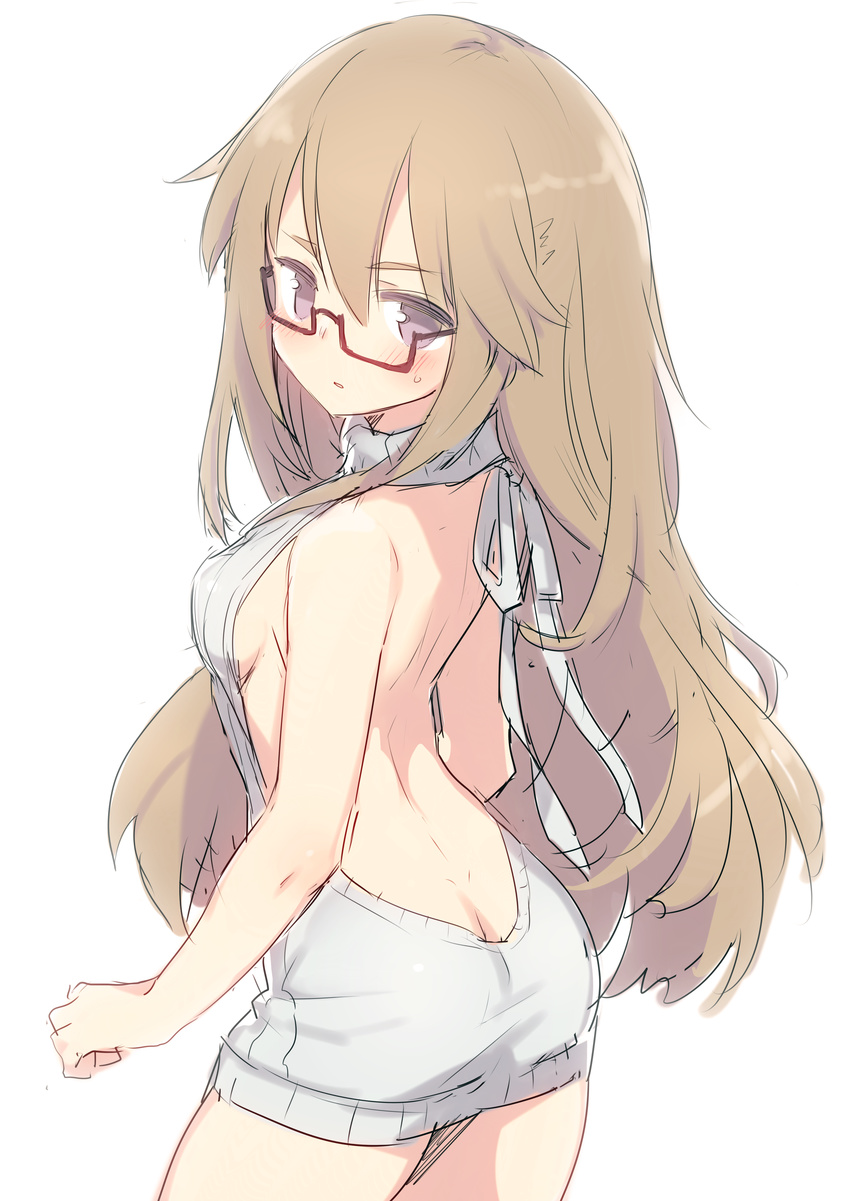 absurdres aran_sweater backless_dress backless_outfit bangs bare_back bare_shoulders blush breasts brown_hair butt_crack commentary_request cowboy_shot dress from_behind glasses grey_sweater hair_between_eyes halterneck highres hiraga_matsuri long_hair looking_at_viewer looking_back medium_breasts meme_attire naked_sweater original parted_lips purple_eyes red-framed_eyewear ribbed_sweater semi-rimless_eyewear sideboob simple_background sketch solo sweatdrop sweater sweater_dress turtleneck turtleneck_sweater under-rim_eyewear very_long_hair virgin_killer_sweater white_background