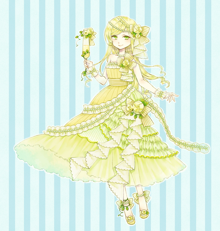 alcohol bare_shoulders blonde_hair bow bracelet braid champagne champagne_flute crown_braid cup dress drinking_glass flower frilled_dress frills full_body green_eyes hair_bow hair_flower hair_ornament highres jewelry looking_at_viewer necklace original pearl_necklace pocketland smile solo standing striped striped_background striped_bow toono_(kanagawa) vertical_stripes