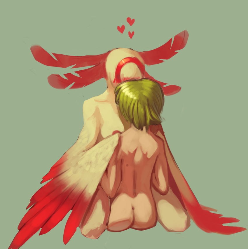 &lt;3 ambiguous_gender blush breasts butt eyeless feathers female green_hair hair human mammal monster mouthless myheartpumpspiss white_feathers