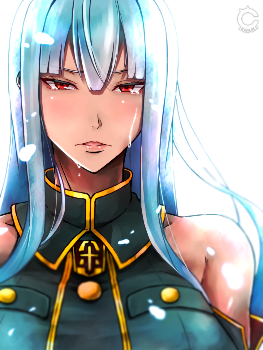 bangs bare_shoulders blush breasts cilica commentary_request crying crying_with_eyes_open frown highres large_breasts long_hair looking_at_viewer military military_uniform parted_lips red_eyes selvaria_bles senjou_no_valkyria silver_hair sleeveless solo tears tsurime uniform upper_body