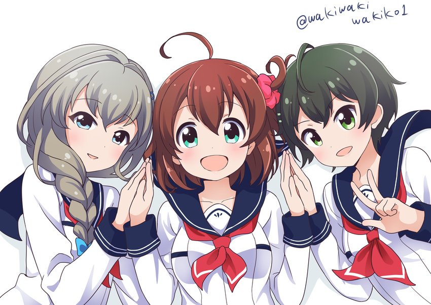 absurdres ahoge battle_girl_high_school blue_eyes braid collarbone green_eyes green_hair grey_hair highres hoshitsuki_miki looking_at_viewer multiple_girls narumi_haruka neki_(wakiko) open_mouth school_uniform short_hair side_braid signature twitter_username v wakaba_subaru