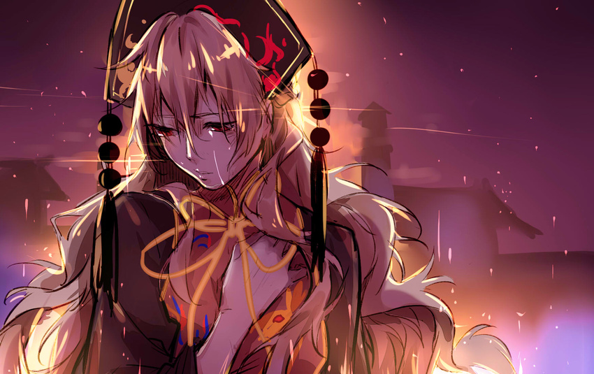 aura backlighting bangs black_dress blonde_hair building chinese_clothes commentary dress hair_between_eyes hand_on_own_chest hat highres junko_(touhou) kagari6496 light_particles light_trail long_hair long_sleeves night outdoors purple purple_sky red_eyes ribbon sad shiny shiny_hair single_tear sketch solo tabard tassel touhou upper_body very_long_hair