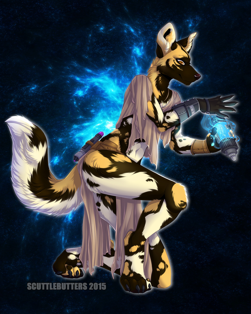 abstract_background african_wild_dog anthro canine clothed clothing female fur hi_res lightsaber loincloth mammal scuttlebutters solo star_wars