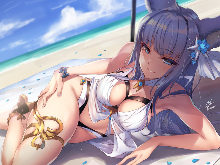 animal_ears bangs beach bikini blue_eyes blue_sky blurry bracelet breasts brooch cleavage cloud cloudy_sky day depth_of_field dutch_angle erune eyebrows_visible_through_hair fukai_ryousuke glint granblue_fantasy hair_ornament high_heels horizon jewelry korwa long_hair lying medium_breasts on_side outdoors parted_lips petals silver_hair sky smile solo swimsuit thighlet white_bikini