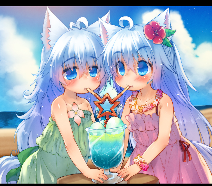 animal_ears bare_shoulders beach blue_eyes blush crazy_straw day dress drinking_straw flower food hair_flower hair_ornament highres ice_cream ice_cream_float lolita_fashion long_hair multiple_girls original siblings tail toba_hiyoko twins white_hair wolf_ears wolf_tail