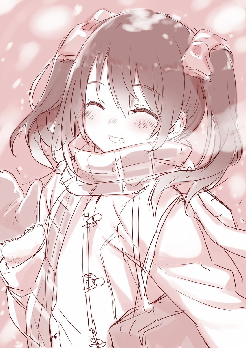 ^_^ absurdres bag bangs blush breath closed_eyes coat duffel_coat eyebrows_visible_through_hair facing_viewer grin hair_between_eyes happy highres hiraga_matsuri love_live! love_live!_school_idol_project mittens monochrome open_clothes open_coat plaid plaid_scarf scarf school_bag shoulder_bag sketch smile solo teeth twintails upper_body yazawa_nico