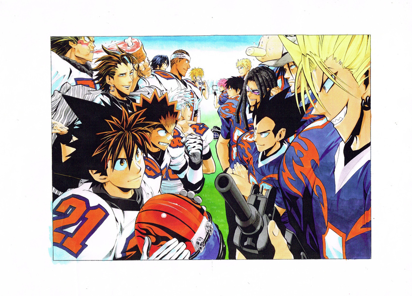 bandaid bandaid_on_nose black_eyes black_hair blonde_hair blue_eyes blue_hair boned_meat brown_eyes brown_hair character_request clenched_hand commentary_request determined earrings eating eyeshield_21 food football_helmet football_uniform grass grin gun headwear_removed helmet helmet_removed highres holding holding_food holding_goggles holding_gun holding_helmet holding_weapon jewelry kobayakawa_sena looking_at_another meat multicolored_hair multiple_boys murata_yuusuke official_art pink_hair pointy_hair raised_fist rasta red_helmet rifle scan sharp_teeth smile smug sportswear standing teeth weapon