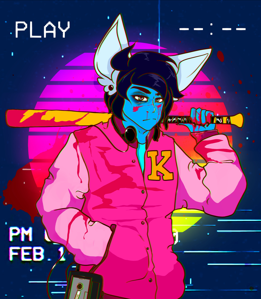 3d_effect baseball_bat blood blue_hair bruised hair headphones hotline_miami human mammal vhs xenny