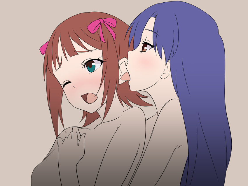 amami_haruka anime_coloring blue_hair blush brown_eyes ear_licking gradient gradient_background green_eyes hair_ribbon highres idolmaster idolmaster_(classic) jabara_tornado kisaragi_chihaya licking long_hair multiple_girls nude one_eye_closed open_mouth ribbon short_hair tongue tongue_out yuri