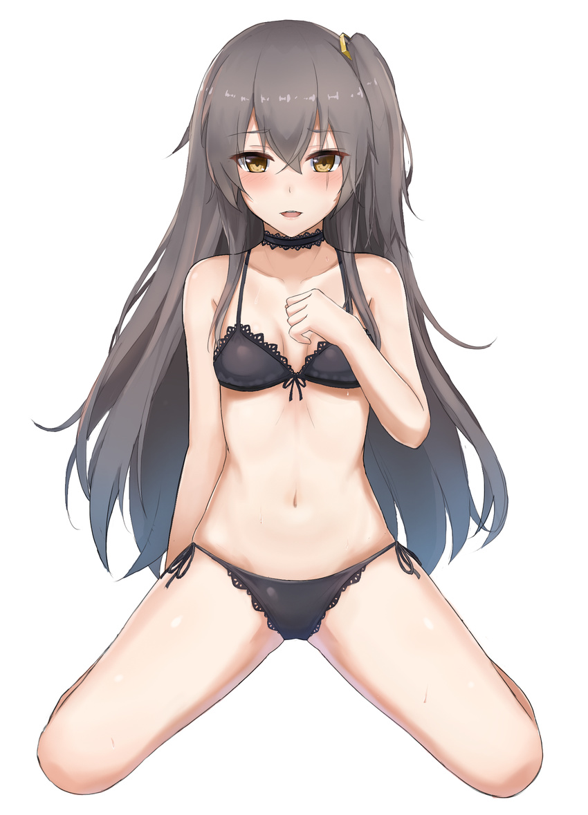 bangs bikini black_bikini black_bra black_panties blush bra breasts brown_eyes collarbone commentary_request eyebrows_visible_through_hair full_body girls_frontline grey_hair hair_between_eyes hand_on_own_chest hand_up highres long_hair looking_at_viewer navel one_side_up open_mouth panties scar scar_across_eye seaweed2017 side-tie_panties simple_background sitting small_breasts smile solo swimsuit thighs ump45_(girls_frontline) underwear underwear_only wariza white_background