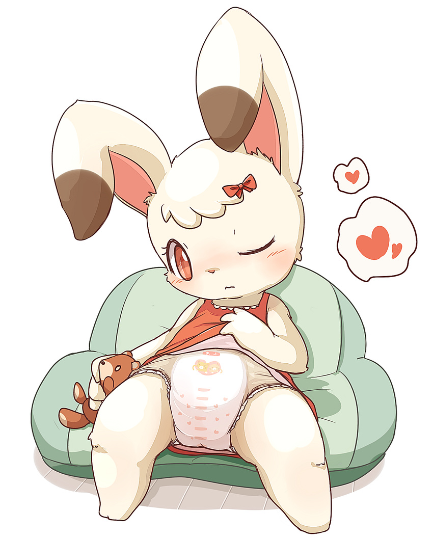 &lt;3 big_ears blush cub diaper female lagomorph mammal mei_(artist) one_eye_closed plushie rabbit ribbons sitting solo young