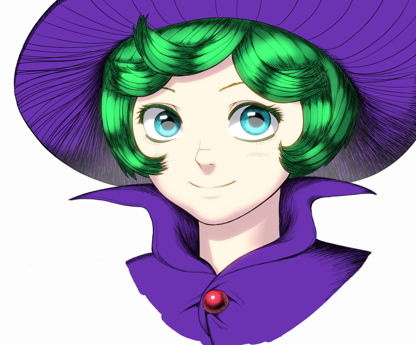 1girl berserk blue_eyes green_hair schierke short_hair simple_background smile white_background witch witch_hat