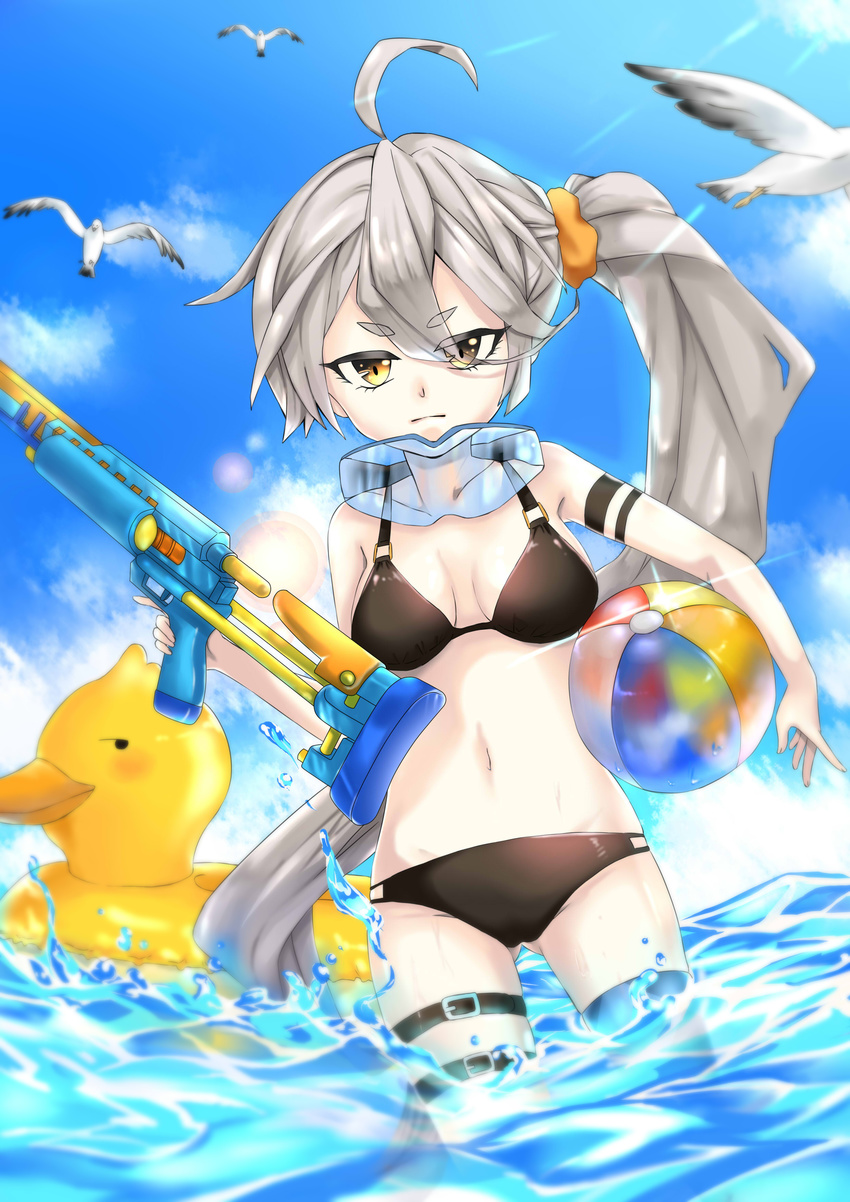 absurdres ahoge bird breasts collarbone day girls_frontline goggles goggles_around_neck highres long_hair looking_at_viewer medium_breasts mumu_(fiona47568) navel ocean pkp_(girls_frontline) seagull side_ponytail silver_hair sky solo swimsuit water_balloon water_gun yellow_eyes