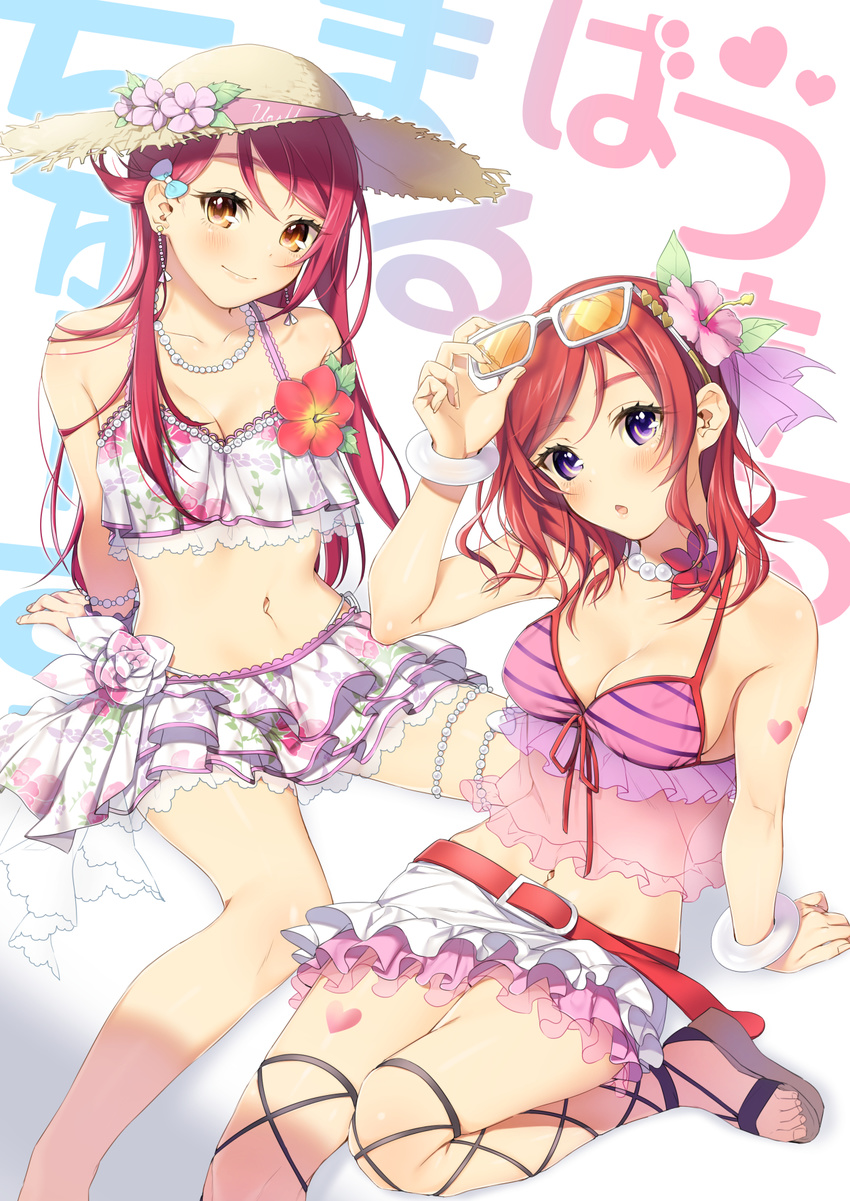 :o ankle_lace-up bangle belt bikini_skirt bikini_top blush bow bracelet breasts brown_eyes cleavage cross-laced_footwear earrings floral_print flower frills hair_bow hair_flower hair_ornament hat hat_flower heart highres jewelry looking_at_viewer love_live! love_live!_school_idol_project love_live!_sunshine!! medium_breasts midriff multiple_girls natsuiro_egao_de_1_2_jump! navel necklace nishikino_maki purple_eyes red_hair sakurauchi_riko sandals sitting smile straw_hat sun_hat swimsuit thighlet yana_mori