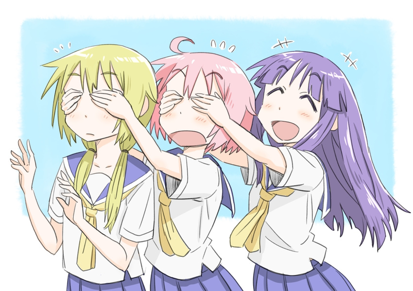 :d ^_^ ahoge bangs blonde_hair blush closed_eyes covered_eyes covering_another's_eyes eyebrows_visible_through_hair hair_tie hand_over_another's_eyes happy hinata_yukari ichii_yui jitsusan long_hair low_twintails multiple_girls nonohara_yuzuko open_mouth pink_hair purple_hair school_uniform school_uniform_(yuyushiki) serafuku short_hair simple_background smile twintails yuyushiki