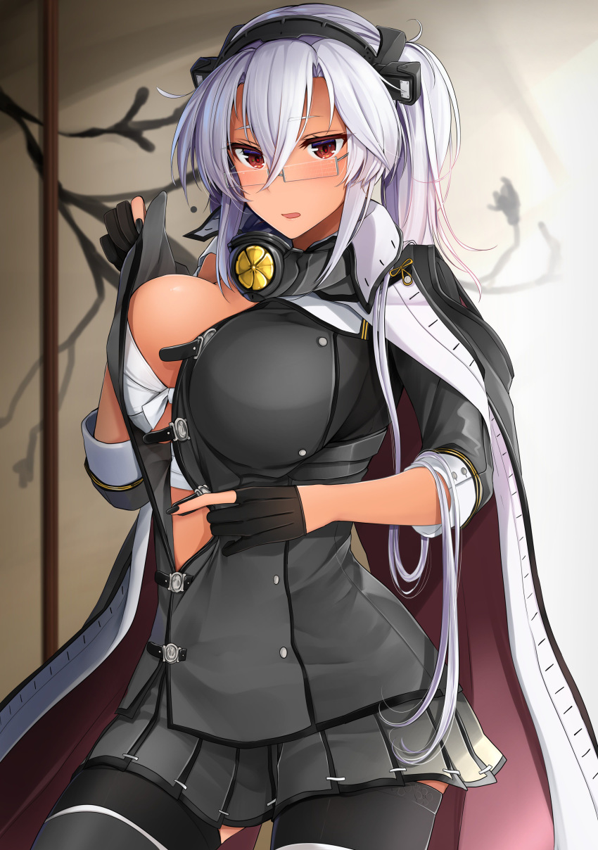 1girl absurdres black_bow black_legwear black_nails blush bow breasts buttons cardigan collar dark_skin day eyebrows_visible_through_hair garter_straps glasses grey_jacket grey_skirt hair_between_eyes hair_bow headgear highres indoors jacket kantai_collection large_breasts long_hair musashi_(kantai_collection) nail_polish open_mouth partially_undressed pleated_skirt red_eyes remodel_(kantai_collection) sakuramon sarashi semi-rimless_eyewear silver-framed_eyewear silver_hair skirt sleeves_past_wrists smile solo thighhighs twintails undressing yunamaro