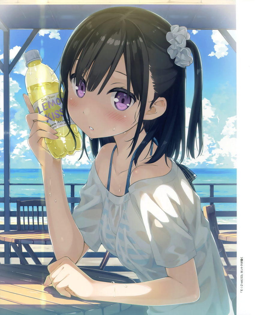 absurdres bikini bikini_under_clothes black_hair blush bottle bottle_to_cheek breasts cloud cloudy_sky day from_side hair_ornament hair_scrunchie hand_up highres holding holding_bottle kantoku looking_at_viewer ocean off-shoulder_shirt one_side_up original outdoors parted_lips scan scrunchie see-through shirt shizuku_(kantoku) sitting sky small_breasts solo striped striped_bikini sweat swimsuit teeth water water_bottle wet wet_clothes wet_shirt