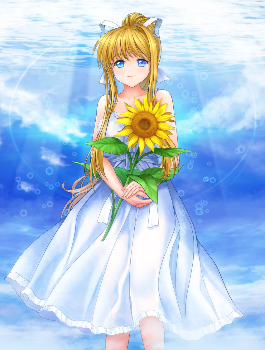 air blonde_hair blue_eyes cloud cowboy_shot dinosaur dress flower hair_ribbon highres holding holding_flower kamio_misuzu long_hair looking_at_viewer mutsuki_(moonknives) ponytail ribbon smile solo standing sunflower very_long_hair white_dress white_ribbon