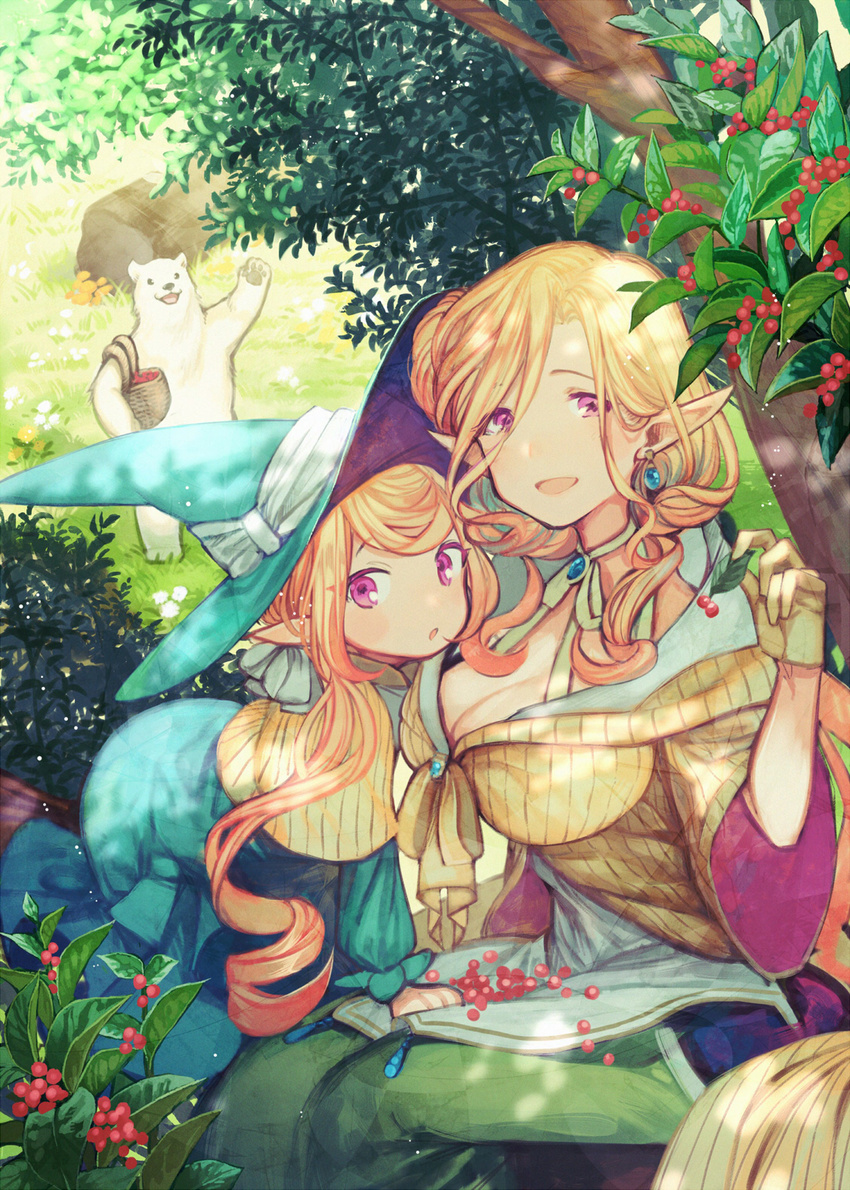 :o age_difference all_fours arm_up bangs basket bear berries blonde_hair branch breasts brown_gloves cleavage earrings elf from_above front-tie_top gem gloves hair_over_one_eye halterneck hat hat_ribbon highres jewelry kururi large_breasts leaf long_hair long_skirt long_sleeves looking_at_viewer mature mother_and_daughter multiple_girls nature official_art open_mouth outdoors plant pointy_ears purple_eyes ribbon shirokuma_tensei sitting skirt smile swept_bangs tareme tree waving wavy_hair wide_sleeves witch_hat