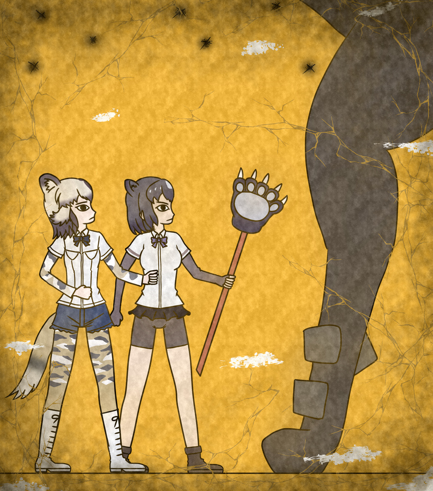 african_wild_dog_(kemono_friends) animal_ears bear_ears bear_girl bear_paw_hammer bike_shorts black_bow black_cerulean_(kemono_friends) black_eyes black_gloves black_hair black_neckwear black_shorts black_skirt boots bow bowtie brown_bear_(kemono_friends) brown_footwear clenched_hands closed_mouth collared_shirt commentary_request crack dog_ears dog_tail egyptian_art elbow_gloves fingerless_gloves from_side gloves height_difference highres holding kemono_friends kita_(7kita) legs_apart long_sleeves looking_up microskirt multicolored_hair multiple_girls pantyhose pleated_skirt profile sandstar_low shirt short_hair short_sleeves shorts skirt standing tail two-tone_hair white_footwear white_hair white_shirt wing_collar yellow_background