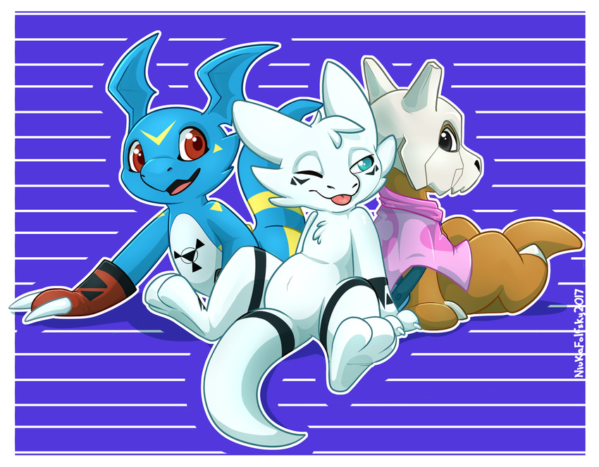 2017 blue_eyes chibi claws cubone cute digimon dragon fairy_dragon fan_character fur giramon guilmon hi_res hybrid lemonynade lizard male minnow_(character) nintendo niu-ka open_mouth pok&eacute;mon red_eyes reptile scalie simple_background smile sven_(character) sven_the_giramon toe_claws tongue tongue_out toto_(character) totodice1 vee4eva veemon video_games vmon white_fur