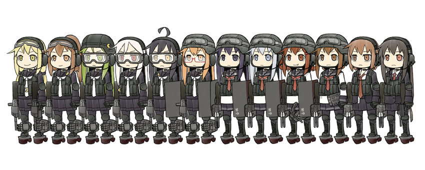 &gt;:) ahoge akatsuki_(kantai_collection) black_hair black_sailor_collar black_serafuku black_skirt blazer blonde_hair brown_eyes brown_hair commentary_request creator_connection crescent crescent_hair_ornament fang folded_ponytail fumizuki_(kantai_collection) goggles goggles_on_head green_eyes green_hair grey_eyes hair_ornament harukaze_unipo hatsushimo_(kantai_collection) headphones helmet hibiki_(kantai_collection) highres ikazuchi_(kantai_collection) inazuma_(kantai_collection) jacket kantai_collection kikuzuki_(kantai_collection) long_hair long_sleeves low_twintails machinery mikazuki_(kantai_collection) mochizuki_(kantai_collection) multiple_girls nagatsuki_(kantai_collection) neckerchief necktie pleated_skirt police ponytail purple_eyes purple_hair red_eyes red_neckwear rigging riot_shield rudder_shoes sailor_collar satsuki_(kantai_collection) school_uniform serafuku short_hair silver_hair simple_background skirt smile turret twintails v-shaped_eyebrows wakaba_(kantai_collection) white_background white_hair white_neckwear yellow_eyes