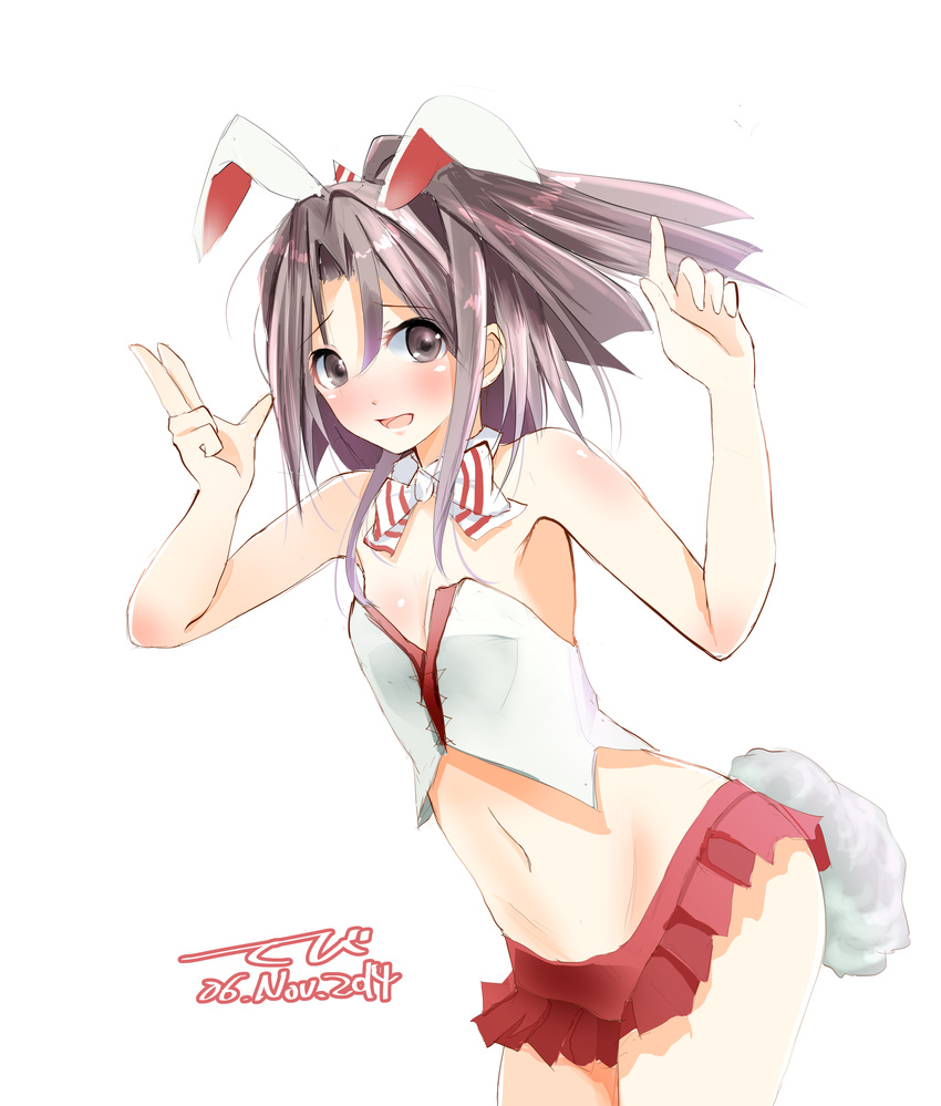 2014 animal_ears black_eyes black_hair bow bowtie breasts bunny_ears choker cleavage crop_top dated fake_animal_ears fake_tail hair_between_eyes hairband high_ponytail highres index_finger_raised kantai_collection leaning_forward long_hair looking_at_viewer microskirt midriff navel red_skirt shiny shiny_skin simple_background skirt small_breasts solo standing stomach strapless striped striped_bow striped_neckwear tail tebi_(tbd11) white_background white_hairband zuihou_(kantai_collection)