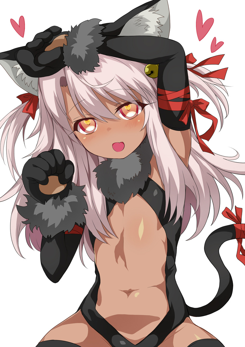absurdres animal_ears black_gloves blush cat_ears cat_tail chloe_von_einzbern dark_skin fate/kaleid_liner_prisma_illya fate_(series) gloves hair_ribbon heart heart-shaped_pupils highres long_hair looking_at_viewer navel open_mouth paw_gloves paws pink_eyes pink_hair red_ribbon ribbon shimejinameko simple_background solo symbol-shaped_pupils tail white_background