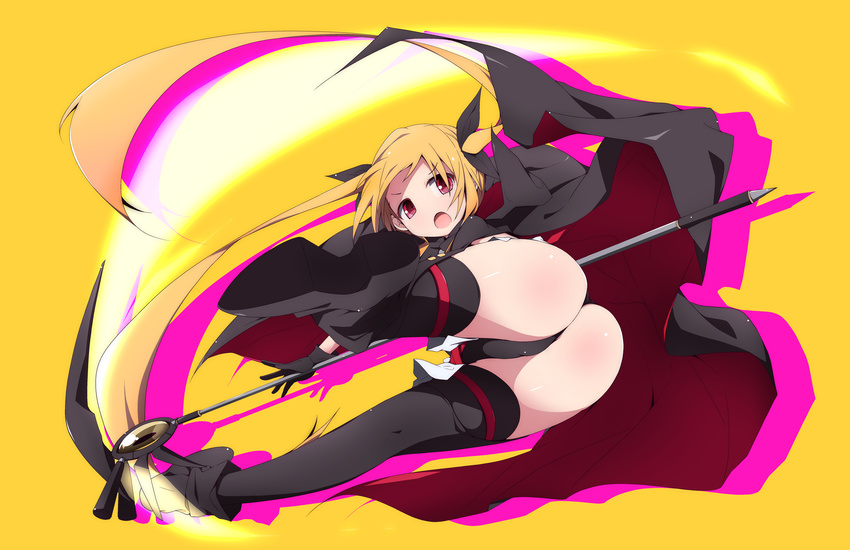 absurdres ass bardiche black_legwear black_leotard blonde_hair boots cape commentary_request eyebrows_visible_through_hair fate_testarossa from_behind full_body hair_ribbon highres leotard long_hair looking_at_viewer looking_back lyrical_nanoha magical_girl mahou_shoujo_lyrical_nanoha midair nekokan-nekokan open_mouth red_eyes ribbon scythe shiny shiny_hair shiny_skin solo thighhighs twintails very_long_hair weapon yellow_background