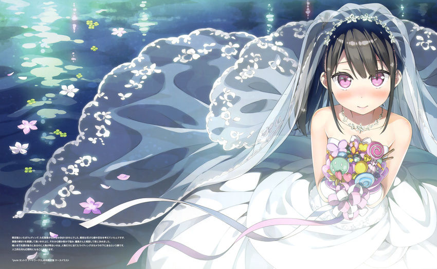 3: absurdres bangs bare_shoulders black_hair blush bouquet breasts bridal_veil bride closed_mouth collarbone dress elbow_gloves flower from_above gloves hair_ribbon highres holding holding_bouquet huge_filesize jewelry kantoku long_hair looking_at_viewer necklace necktie original plaid purple_eyes ribbon scan shizuku_(kantoku) side_ponytail sidelocks small_breasts smile solo strapless strapless_dress tsurime veil water wedding_dress white_dress white_gloves
