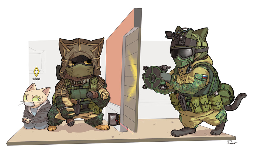 2017 alternate_species armor barricade cat feline fuze_(rainbow_six) gun handgun helmet help hostage kapkan_(rainbow_six) mammal rainbow_six ranged_weapon restrained shurueder spetsnaz tagme tom_clancy trap_(disambiguation) ubisoft weapon