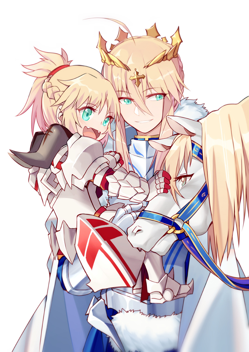absurdres ahoge artoria_pendragon_(all) artoria_pendragon_(lancer) bangs braid carrying cloak crown dun_stallion eyebrows_visible_through_hair fangs fate/apocrypha fate/grand_order fate_(series) fur_collar gauntlets green_eyes half_updo highres horse light_smile mordred_(fate) mordred_(fate)_(all) mother_and_daughter multiple_girls open_mouth parted_lips petting ponytail sidelocks simple_background smile white_background yorukun younger
