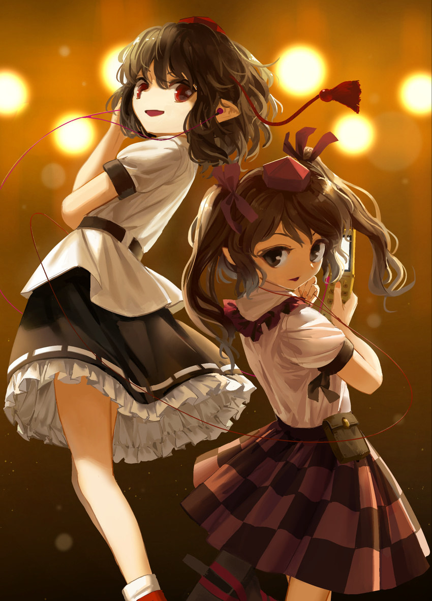 black_hair brown_eyes brown_hair cellphone commentary_request earbuds earphones flip_phone hat highres himekaidou_hatate long_hair looking_at_viewer multiple_girls phone pointy_ears red_eyes shameimaru_aya short_hair skirt smile suna_(s73d) tengu tokin_hat touhou twintails