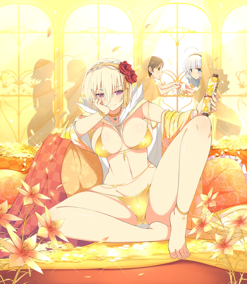 ahoge aimu_(senran_kagura) bell bell_choker bikini blonde_hair breasts brown_eyes brown_hair choker coin flower ginrei_(senran_kagura) gold green_eyes hair_flower hair_ornament hairband hairclip highres kurohoro_(senran_kagura) large_breasts leo_(senran_kagura) long_hair looking_at_viewer multiple_girls navel official_art purple_eyes resized rose scroll senran_kagura senran_kagura_new_wave silhouette silver_hair sitting smile standing swimsuit syuri_(senran_kagura) upscaled waifu2x yaegashi_nan yellow yellow_bikini