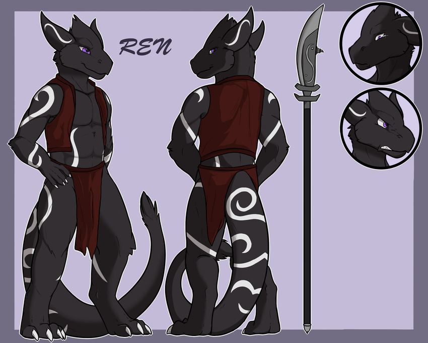 2017 angry anthro black_fur claws clothed clothing cute dragon expressions fur hi_res lizard male model_sheet purple_eyes ren_(character) reptile sad scalie simple_background smile solo ssssnowy toe_claws vee4eva weapon