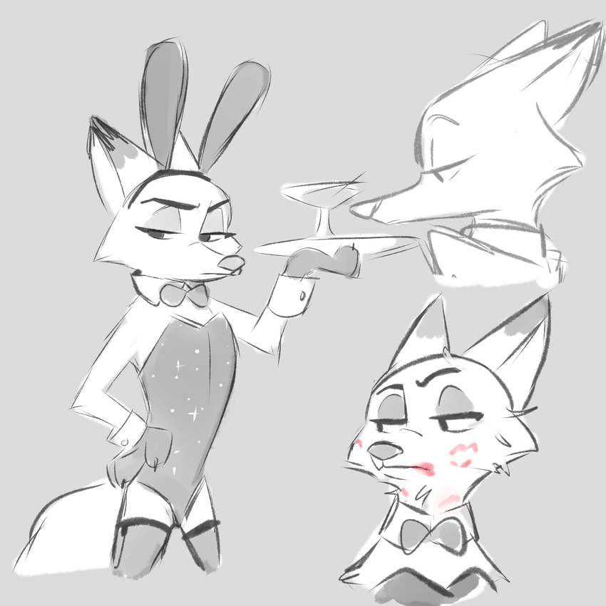 2016 absurd_res annoyed anthro bow_tie bunny_costume canine clothed clothing costume crossdressing digital_drawing_(artwork) digital_media_(artwork) disney fake_ears fake_rabbit_ears fox frown fur grey_background greyscale hand_on_hip hi_res judylavernehopps kiss_mark legwear lipstick makeup male mammal monochrome multiple_poses nick_wilde pose simple_background solo thigh_highs zootopia