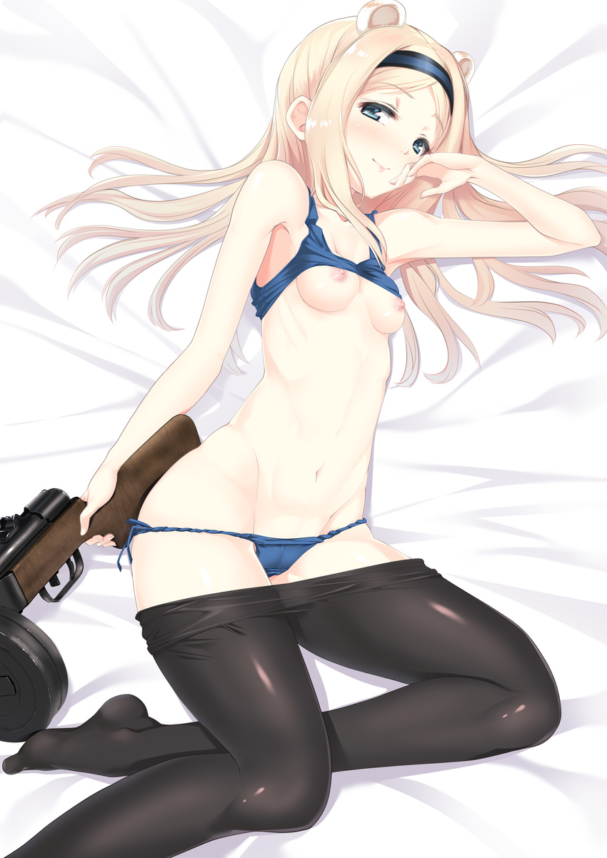a9b_(louis814) absurdres aleksandra_i_pokryshkin animal_ears bangs bear_girl black_legwear blonde_hair blue_bra blue_eyes blue_panties bra bra_lift brave_witches breasts closed_mouth gun hairband hand_to_own_mouth highres long_hair lying nipples on_side panties pantyhose pantyhose_pull parted_bangs ppsh-41 side-tie_panties sidelocks small_breasts smile solo sports_bra submachine_gun underwear underwear_only weapon world_witches_series