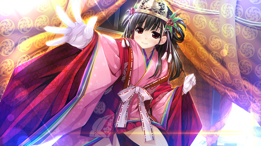 black_hair blush game_cg gloves haruru_minamo_ni! headdress highres japanese_clothes long_hair long_sleeves maetenkan official_art outstretched_arm red_eyes shintarou smile solo thigh_strap white_gloves wide_sleeves yamagami_miori