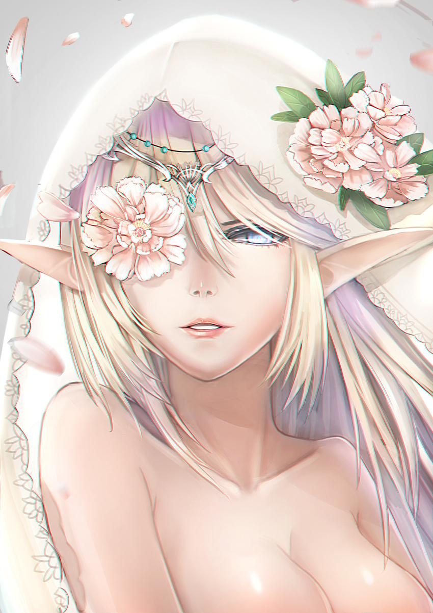 825 absurdres bangs blonde_hair blue_eyes breasts cleavage collarbone commentary_request elf eyelashes flower flower_eyepatch gem hair_between_eyes hair_over_one_eye half-closed_eye hat hat_flower highres large_breasts leaf long_hair nose nude one_eye_covered original parted_lips petals pink_flower pink_lips pointy_ears solo teeth tiara upper_body veil