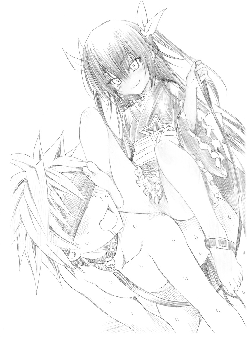 1boy 1girl absurdres all_fours barefoot blindfold blush drooling feet foot_on_head leash long_hair master_nemesis monochrome official_art one_leg_raised open_mouth sitting_on_person sketch smile soles to_love-ru to_love-ru_darkness toes twintails yabuki_kentarou yukata yuuki_rito