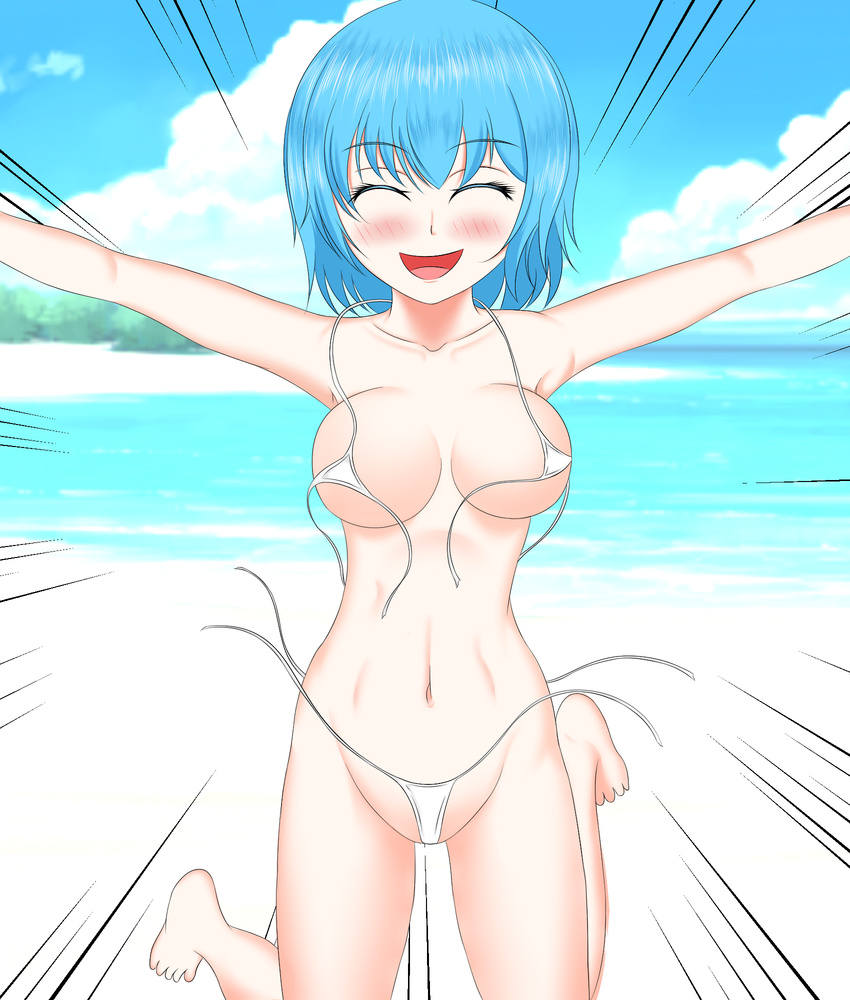 1girl beach bikini blue_hair blush breasts collarbone eyes_closed large_breasts navel smile solo swimwear tatara_kogasa touhou wardrobe_malfunction white_bikini