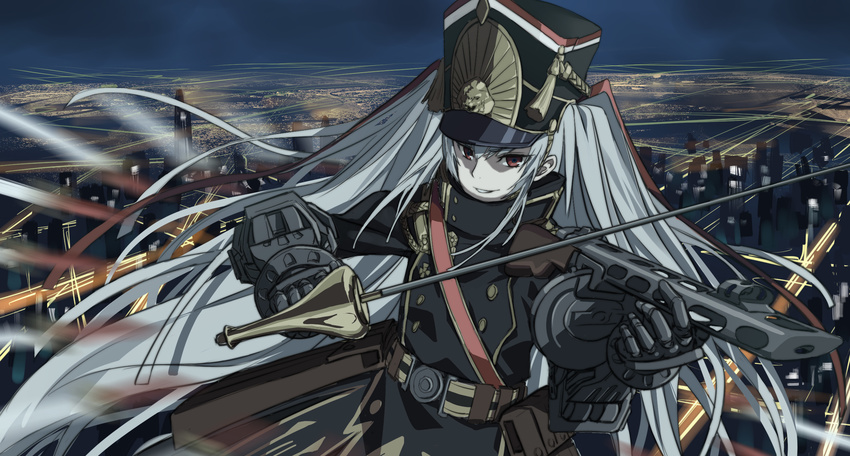 altair_(re:creators) bangs commentary_request double-breasted gauntlets grey_hair grin gun hat highres holding holding_sword holding_weapon military military_uniform night outdoors parted_lips peaked_cap ppsh-41 rapier re:creators red_eyes sidelocks smile solo submachine_gun sword two_side_up uniform upper_body weapon wu_lun_wujin