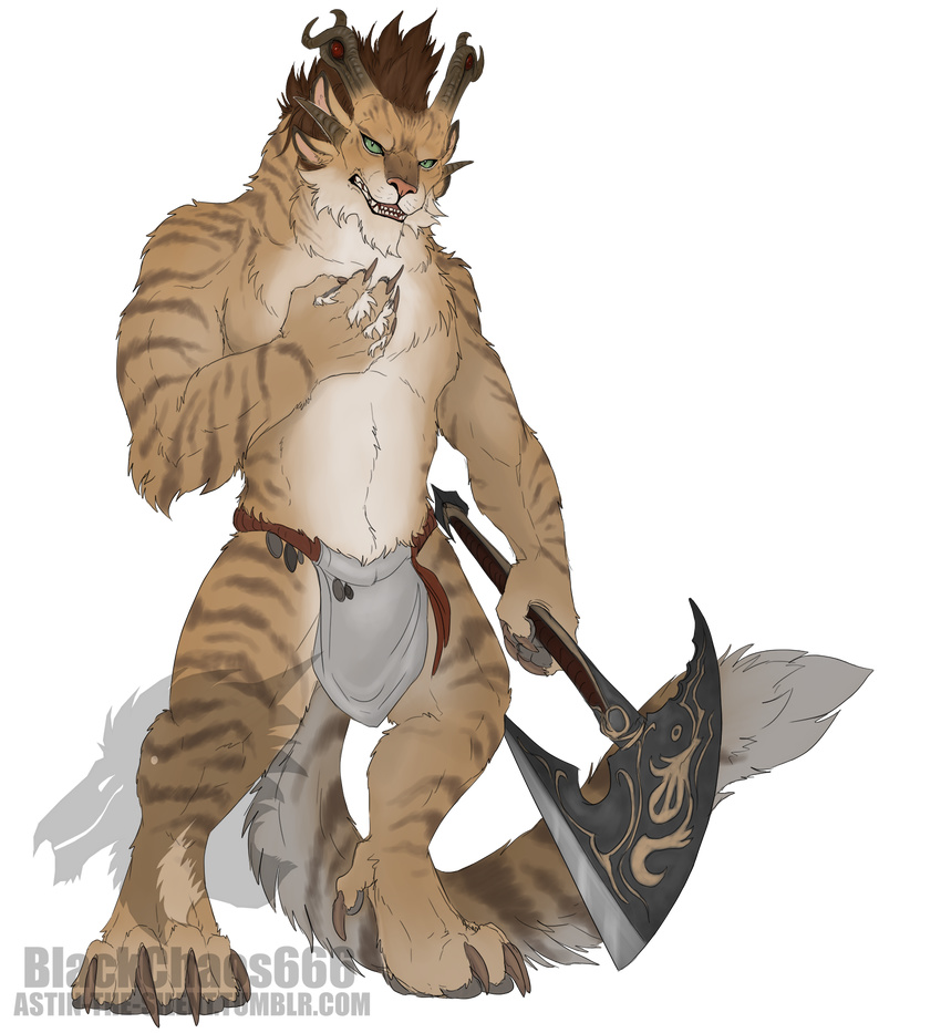 alpha_channel anthro axe blackchaos666 charr claws clothing fangs feline female flat_chested fluffy fluffy_tail fur green_eyes guild_wars hi_res horn looking_at_viewer mammal mane melee_weapon multi_ear simple_background solo tan_fur transparent_background url video_games watermark weapon