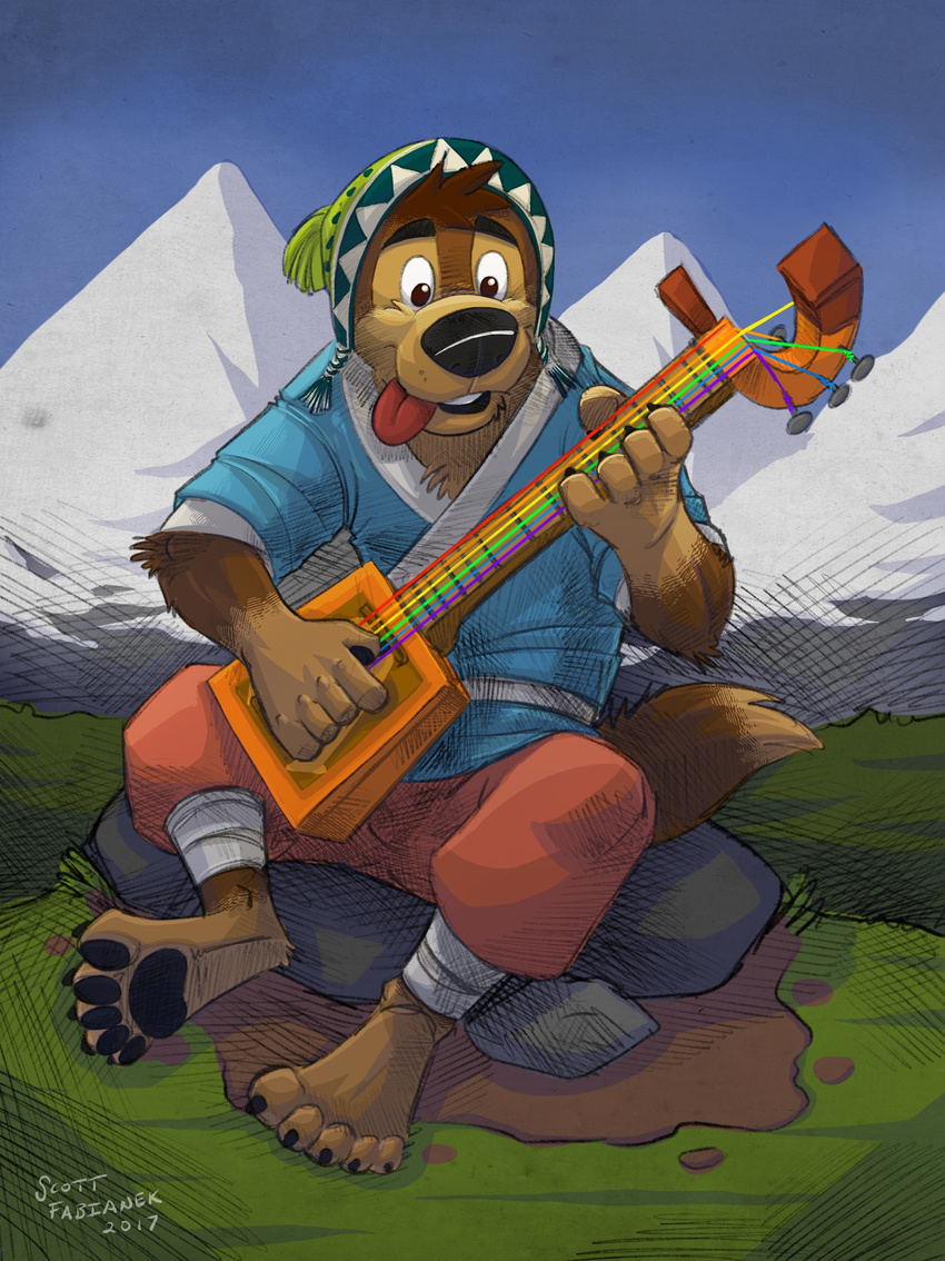 acoustic_guitar black_claws black_eyebrows black_nose black_pawpads bodi boulder brown_eyes chest_tuft claws clothing cute digitigrade dipstick_tail elbow_tufts fur guitar happy hat head_tuft k-9 male mountain multicolored_fur multicolored_tail musical_instrument open_mouth pants pawpads playing_guitar playing_music rainbow rock rock_dog sitting solo tibetan_mastiff tongue tongue_out traditional_clothes tuft tunic two_tone_fur young