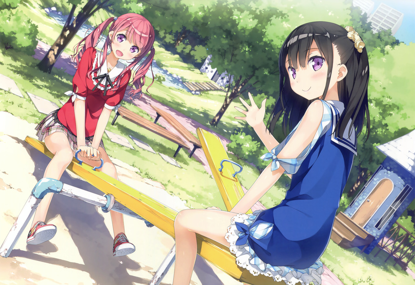 :d absurdres bangs bare_arms bare_legs bare_shoulders bench black_hair black_ribbon blouse blue_dress blue_sky blunt_bangs blush building cropped day dirt dress dutch_angle eyebrows_visible_through_hair frills from_behind grass highres huge_filesize jewelry kantoku kurumi_(kantoku) lace looking_at_viewer looking_back miniskirt multiple_girls neck_ribbon necklace non-web_source open_mouth original outdoors park pendant pink_hair plaid plaid_skirt playground ponytail purple_eyes red_footwear red_shirt ribbon sailor_dress scan school_uniform scrunchie seesaw shadow shirt shizuku_(kantoku) shoes short_sleeves sitting skirt sky smile sneakers spread_fingers stairs sunlight tree tree_shade twintails waving